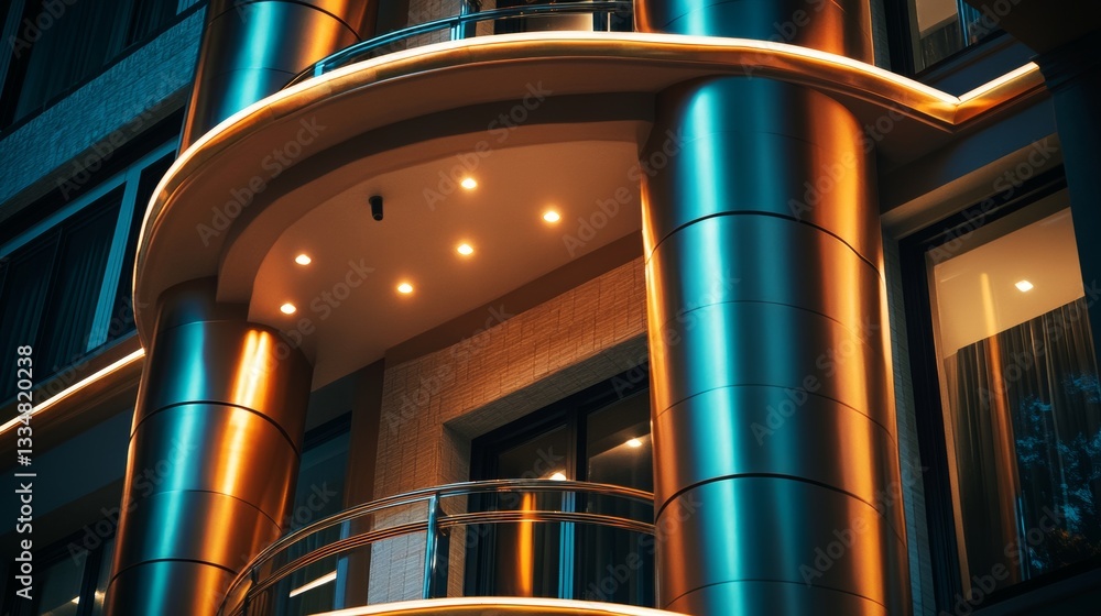 Naklejka premium Illuminated Exterior Architecture with Gleaming Pillars, Modern Design, Reflective Surfaces, and Subtle Lighting Accents Creating a Striking Visual Composition at Dusk