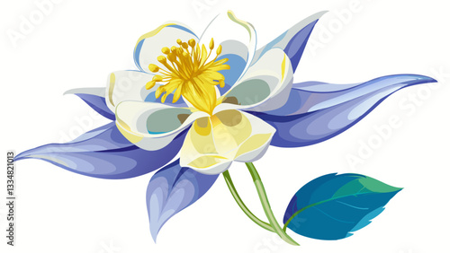 Translucent columbine flower with delicate petals and contrasting yellow stamen on a white background, botanical, spring, isolated, yellow, columbine, asymmetrical, purity,translucent