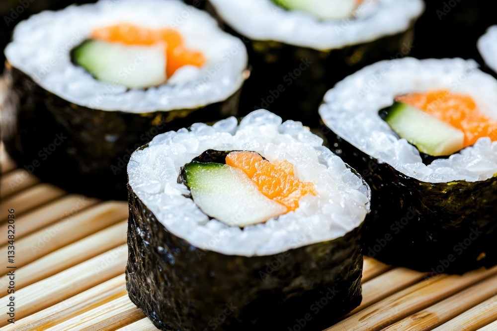 Sushi rolls on a mat, with a counter and soy, colorful in an Asian moment Sushi rolls on a mat, with a counter and soy, colorful in an Asian moment