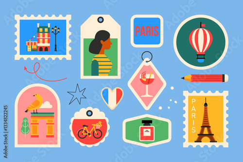 Travel to Paris modern stickers and stamps design in trendy geometrical style. Template for greeting cards, banner and background