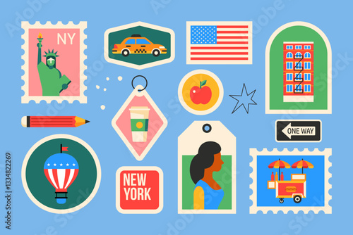 Travel to New York modern stickers and stamps design in trendy geometrical style. Template for greeting cards, banner and background