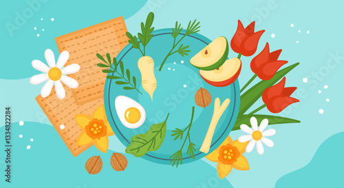 Passover holiday banner design with matzah, seder plate and spring flowers. Template for greeting card or poster
