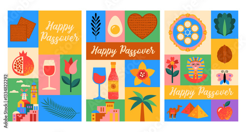 Passover Pesach holiday banner design set with modern geometrical shapes and symbols. Greeting card, poster or party invitation template background