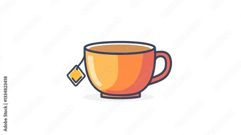 Orange teacup, teabag, white background, warm drink, morning routine Orange teacup, teabag, white background, warm drink, morning routine
