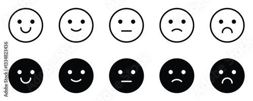 Set of black and white emoticon faces representing different emotions vector icon on white background