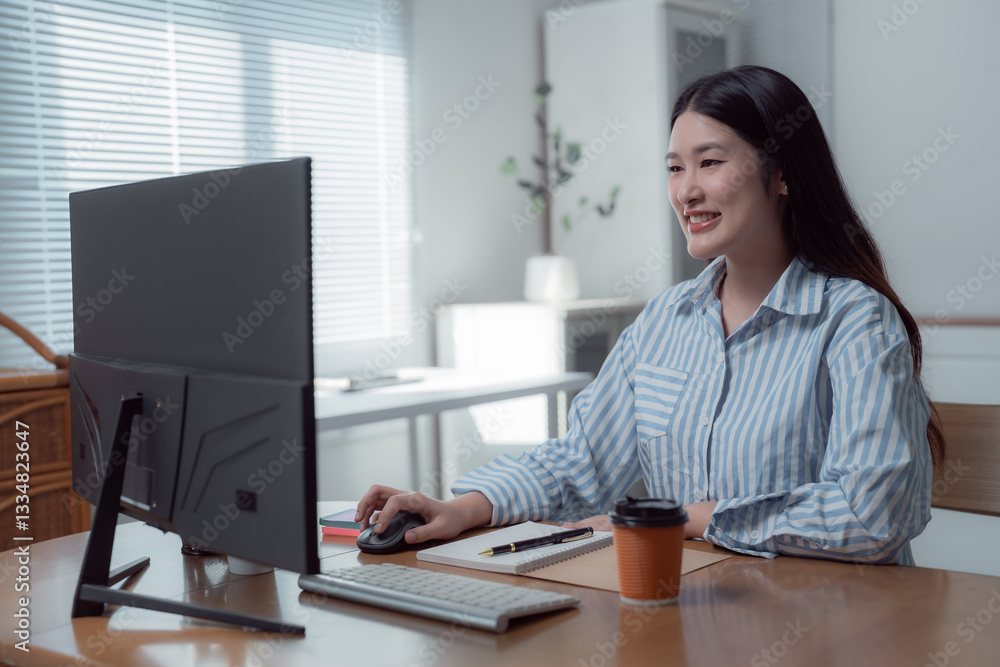Young Asian businesswoman working from home, sitting at a wooden desk, using a desktop computer, smiling and looking at the screen, with a takeaway coffee and a notepad next to the keyboard Young Asian businesswoman working from home, sitting at a wooden desk, using a desktop computer, smiling and looking at the screen, with a takeaway coffee and a notepad next to the keyboard