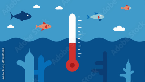 Ocean Temperature Rise A thermometer rising beside an underwater scene indicating the correlation between overfishing and climate change effects on marine environments.