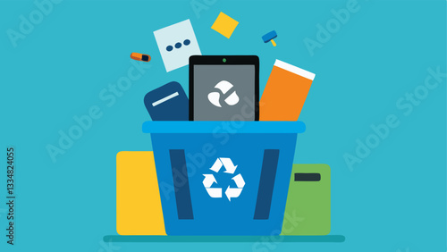 Overflowing EWaste Bin An of a bin overflowing with discarded electronic devices like old smartphones laptops and tablets with a recycling symbol nearby.