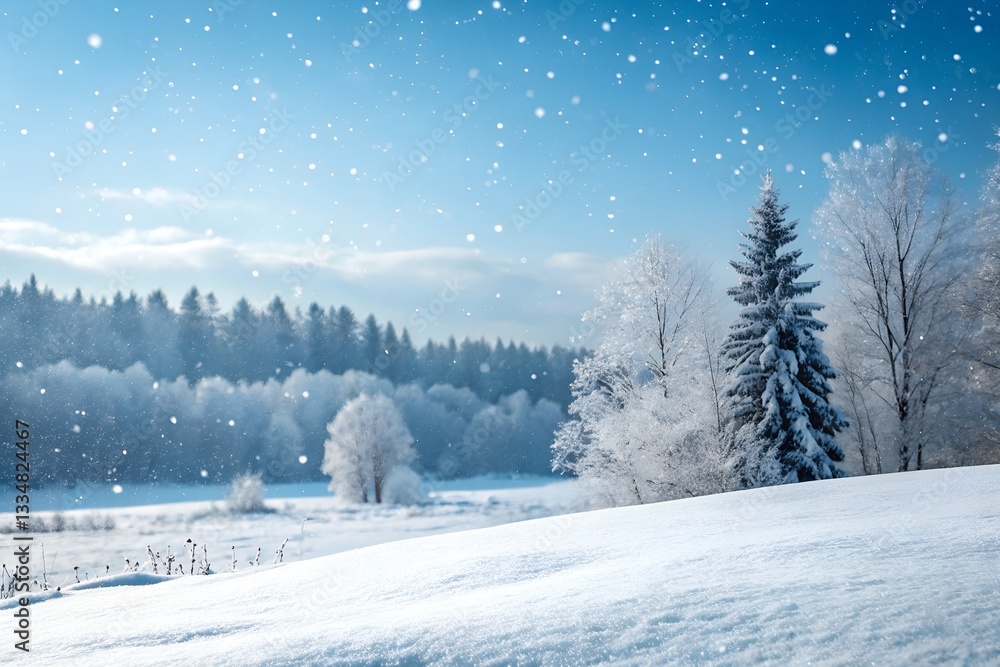 Fototapeta premium Snowy winter forest landscape with falling snow. Peaceful winter scene with snow-covered trees and a forest backdrop, under a clear blue sky as snowflakes gently fall