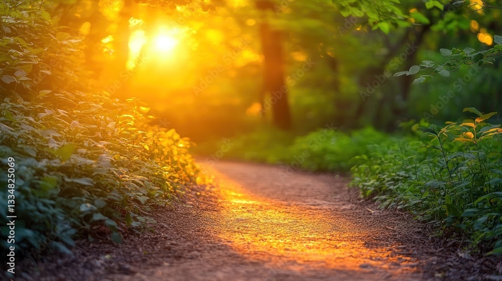 Obraz premium Golden Sunset Path Through Lush Forest