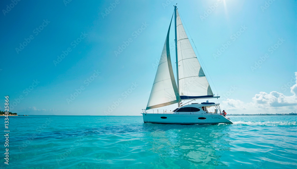 Obraz premium White sailboat on turquoise ocean