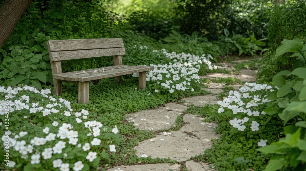 Weathered Wooden Bench in a Lush Garden with White Flowers and Stone Path Weathered Wooden Bench in a Lush Garden with White Flowers and Stone Path