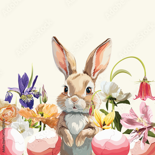 Easter bunny in watercolour style. Happy esater concept. Spring flowers, eggs, grass.