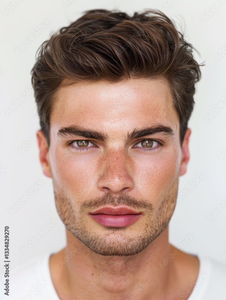 Obraz premium Intense close up portrait of a handsome young man with brown hair and freckles gazing directly into the camera with a neutral expression against a clean white background in studio