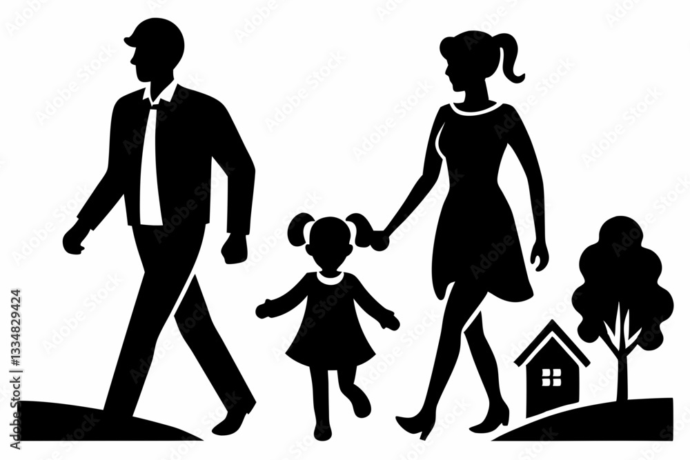 husband wife and kid walking line art silhouette vector illustration husband wife and kid walking line art silhouette vector illustration