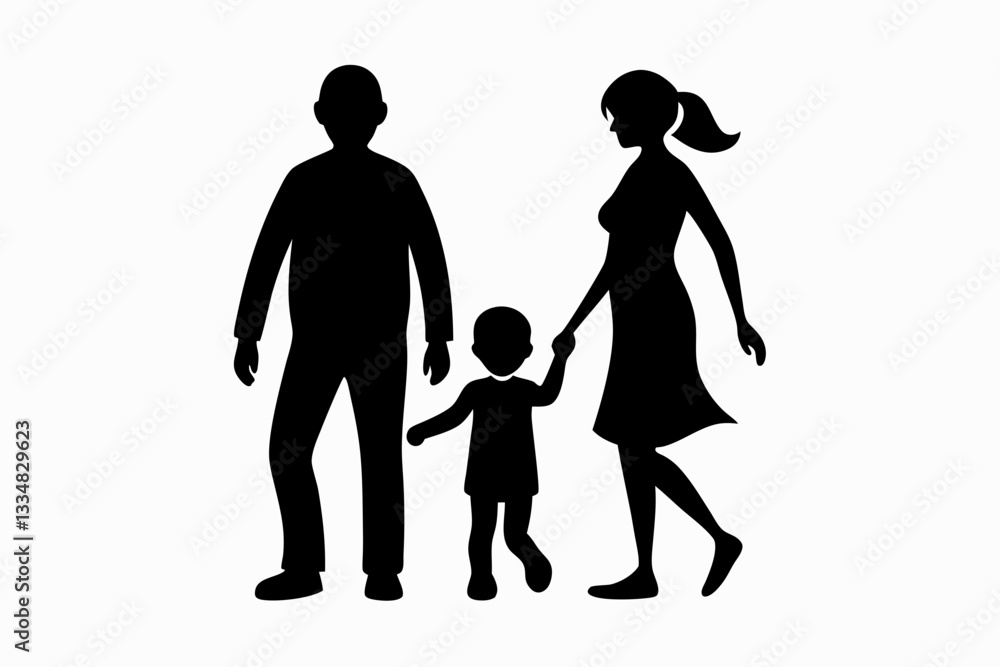 husband wife and kid walking line art silhouette vector illustration husband wife and kid walking line art silhouette vector illustration