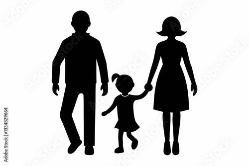 husband wife and kid walking line art silhouette vector illustration