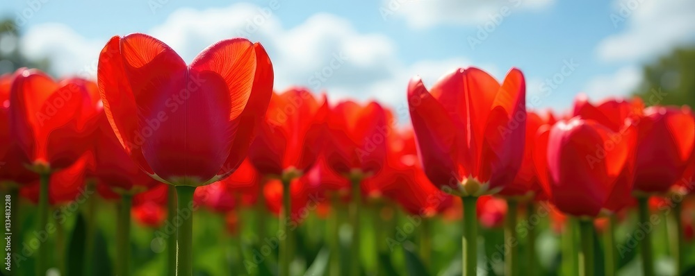 Obraz premium Large bunch of red tulips with a central heart shape,, flowers, field