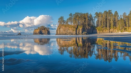 Serene Coastal Landscape with Rock Formations and Tree Reflections
