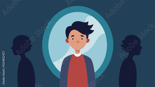 Mirror Reflection A teenager standing in front of a mirror looking at a reflection that depicts a mix of emotions showcasing confusion and selfdiscovery. The background can have