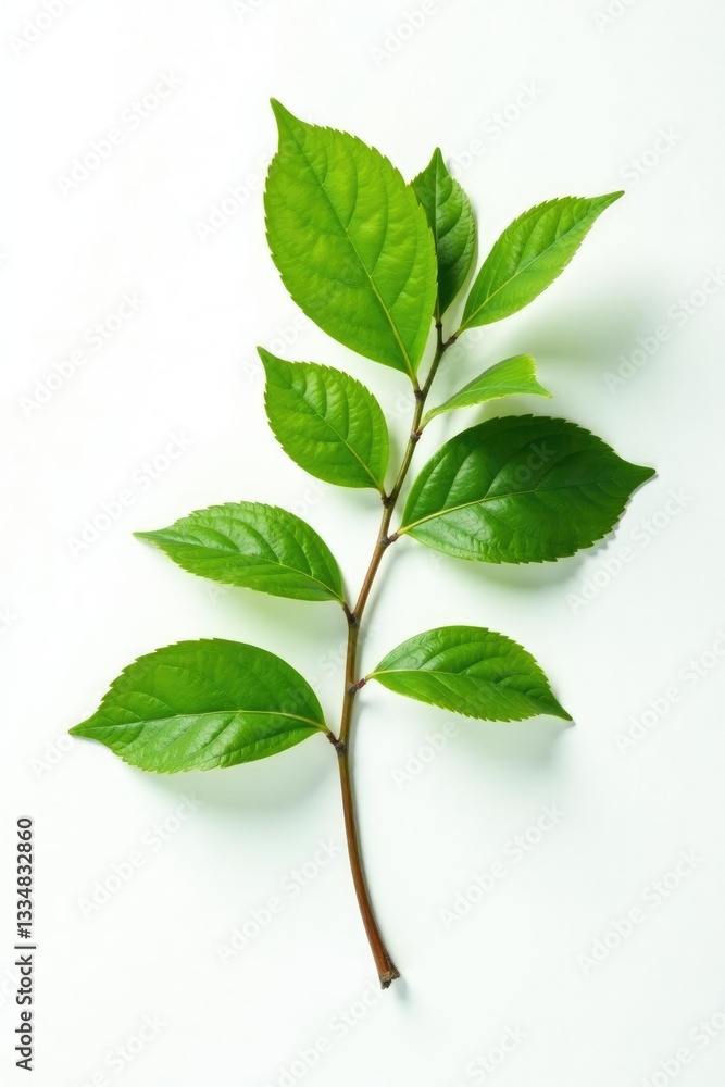 Fototapeta premium Single isolated branch on white background with leafy details, tree branches, botanical