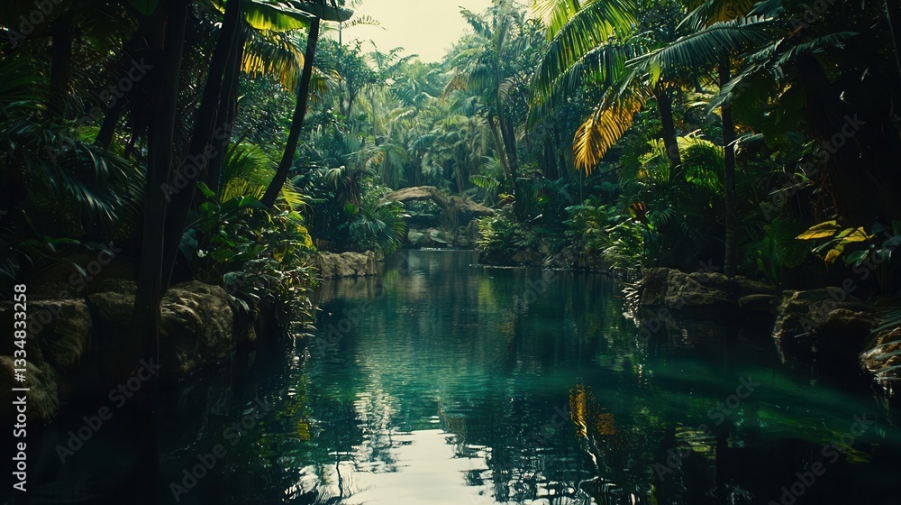 Obraz premium Tranquil Oasis Lush Greenery and Serene Water