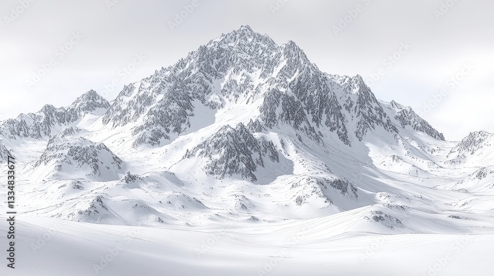 Fototapeta premium Majestic Snow-Covered Mountain Peaks Under Soft Cloudy Sky in Winter Landscape