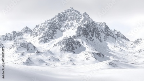 Majestic Snow-Covered Mountain Peaks Under Soft Cloudy Sky in Winter Landscape