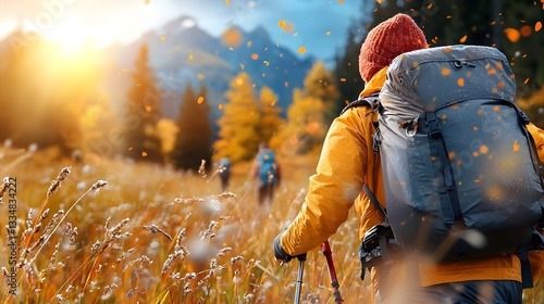 A group of hikers traversing a scenic mountain trail surrounded by the vibrant colors of autumn foliage and a warm golden sunset
