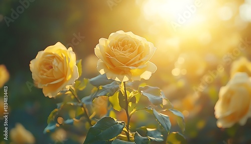 Sunset yellow roses garden