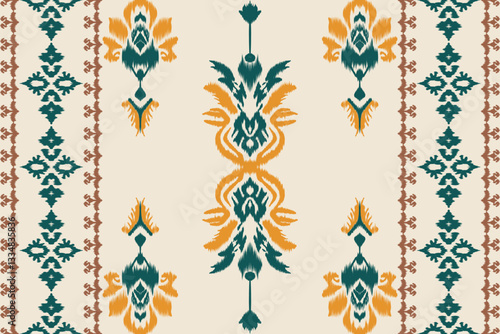 Seamless ethnic ikat pattern with influences of tribal and folk embroidery combined with Mexican Aztec geometric shapes. Perfect for graphic design, rugs, wallpaper, gift wrapping and clothing.