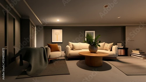 Building up of modern living room interior. Furnishing process. Interior repair animation. Professional 4K 3d rendering.