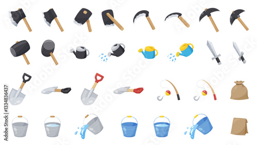 農場ゲームで開拓使う農具などの道具のイラスト素材セット