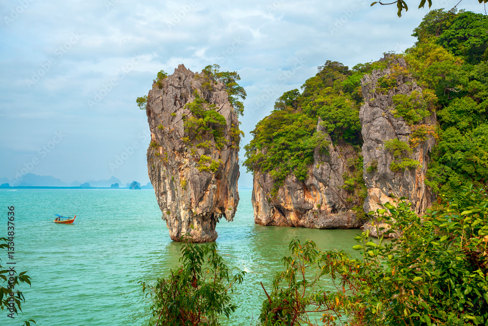Scenic view landscape James bond island Phang-Nga bay near Phuket, Thailand. Landscape of famous place on Phuket, Thailand. Beautiful place of Phuket.