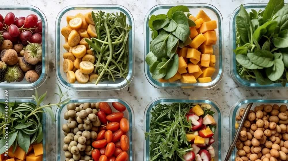 A beautifully arranged selection of fresh fruits, vegetables, and greens in glass containers, ready for a healthy and colorful meal.
A beautifully arranged selection of fresh fruits, vegetables, and greens in glass containers, ready for a healthy and colorful meal.