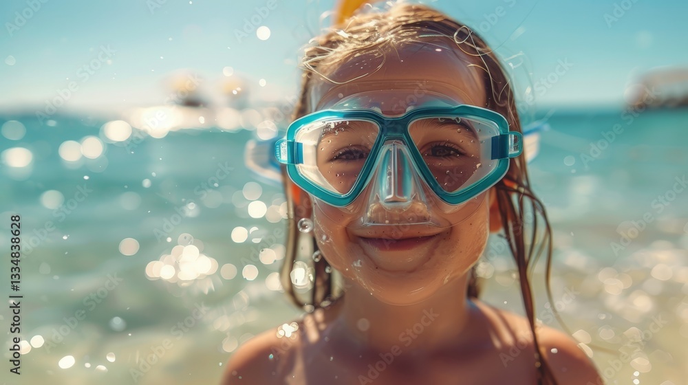 Naklejka premium Young Girl Wearing Protective Mask and Snorkel Gear at Beach Shoreline Playing in Shallow Water