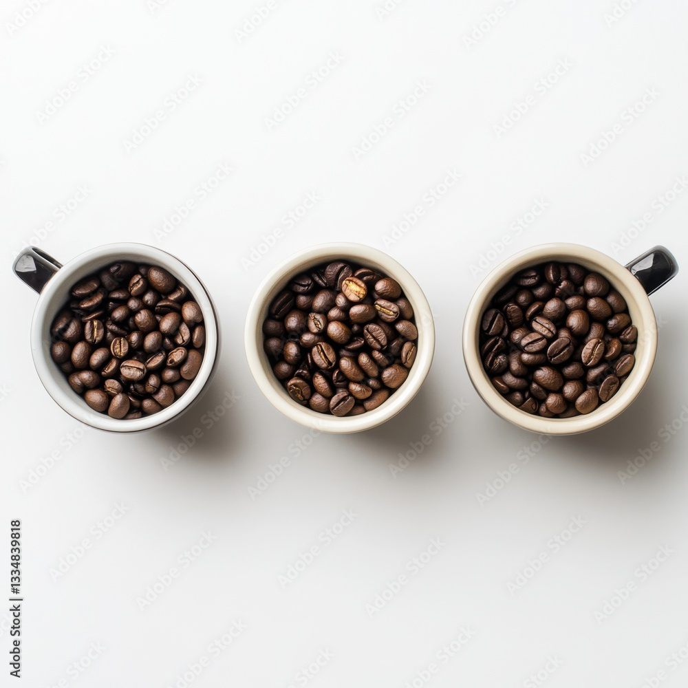 Three coffee mugs filled with coffee beans on a white background Three coffee mugs filled with coffee beans on a white background