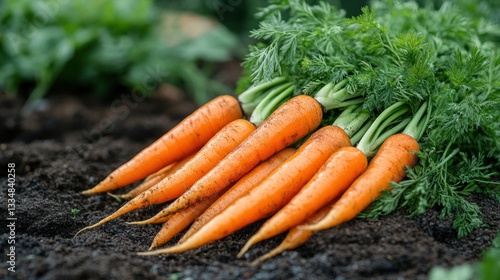 Fresh carrots harvested from garden bed, with lush green foliage
