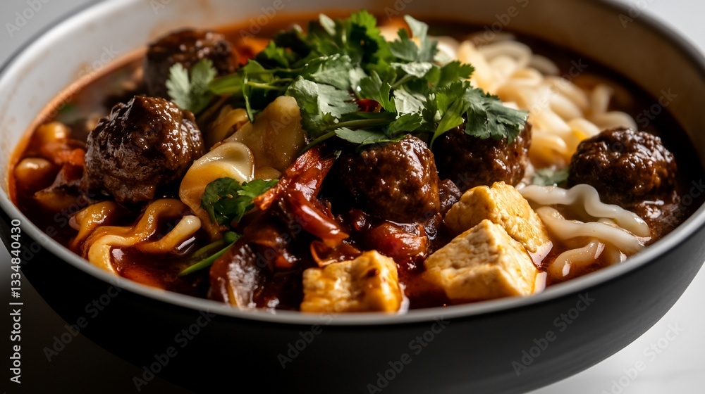 Bowl of hearty meatball noodle soup with tofu and herb garnish presentation Bowl of hearty meatball noodle soup with tofu and herb garnish presentation
