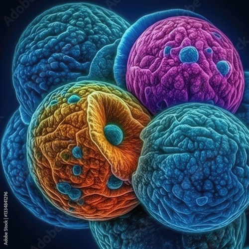 Intricate aggregation of spheroidal cellular structures displaying complex surface textures and vibrant color variations for scientific illustration