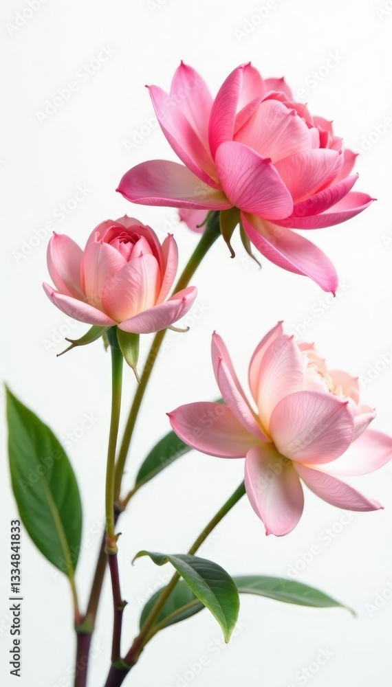 Delicate petal blooms on a crisp white background, bloom, isolated Delicate petal blooms on a crisp white background, bloom, isolated