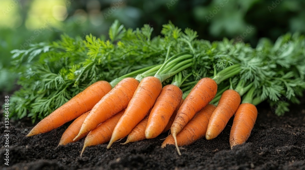 Fresh carrots with green tops on soil, garden background Fresh carrots with green tops on soil, garden background
