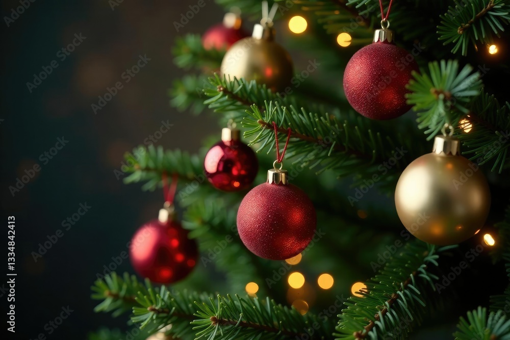 Festive Christmas tree with lush branches and ornaments, glowing ornaments, holiday cheer Festive Christmas tree with lush branches and ornaments, glowing ornaments, holiday cheer