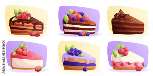 A set of pieces of various cakes. The concept of pastry shop, baking, holiday, birthday. Isolated vector illustration for the design of postcards, posters, banners and posters.