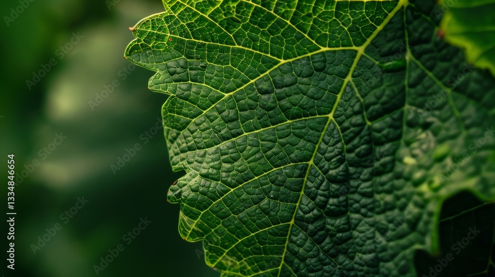 Intricate venation of a vibrant green leaf, showcasing nature's detailed patterns and textures in a macro close up view against soft background Intricate venation of a vibrant green leaf, showcasing nature's detailed patterns and textures in a macro close up view against soft background