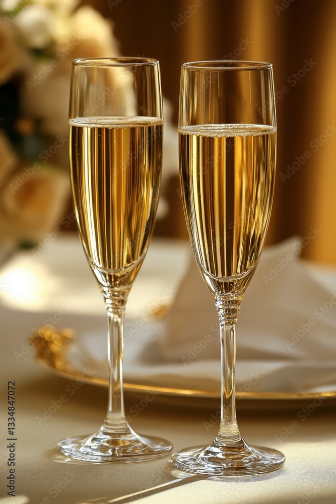 Two elegant champagne flutes filled with sparkling drink, set on a beautifully arranged table with subtle floral accents in the background. Two elegant champagne flutes filled with sparkling drink, set on a beautifully arranged table with subtle floral accents in the background.