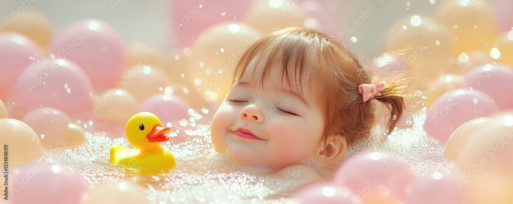 A joyful child enjoys a bubble bath with colorful balls and a rubber duck, radiating happiness and innocence. A joyful child enjoys a bubble bath with colorful balls and a rubber duck, radiating happiness and innocence.