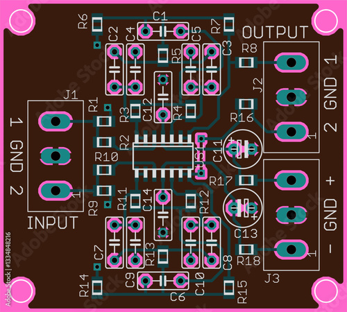 Vector printed circuit board of electronic device with components of radio elements, conductors and contact pads placed on pcb. Engineering technical educational drawing. Computer technic cad design.