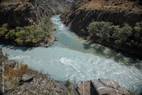 confluence of two rivers of different colors, emerald green and turquoise muddy water, riverside