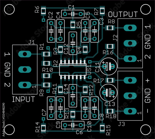 Vector printed circuit board of electronic device with components of radio elements, conductors and contact pads placed on pcb. Engineering technical educational drawing. Computer technic cad design.